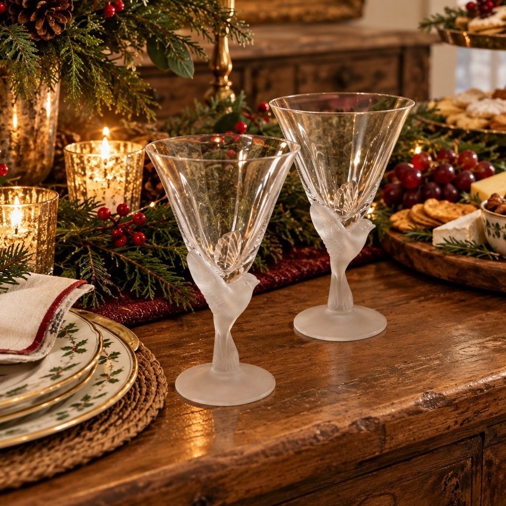 Vtg Sasaki "Wings" crystal wine glasses frosted dove bird stem Frosted Set of 2